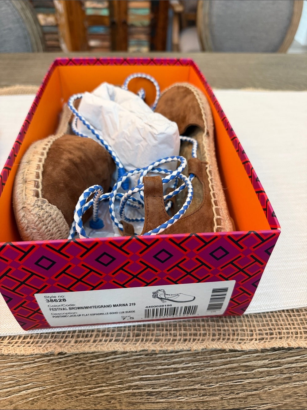Tory Burch Brown Espadrille Lace-Up Flats with Blue & White Laces